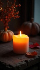 A warm, inviting hearth candle glows softly, casting a gentle light and creating a cozy ambiance Perfect for autumn, winter, or any time you need a touch of homey comfort , vintage, fragrance