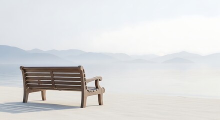 A Serene Wooden Bench Sits On A Pier Overlooking A Calm Lake With Soft, Misty Mountains In The Distance, Evoking Peace And Solitude.