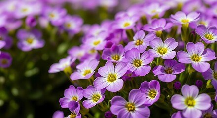A Dense Display Of Small Purple Flowers With Bright Yellow Centers Blooming In A Garden Under Natural Light.