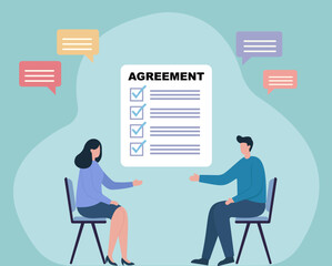 A man and woman sit facing each other, finalizing an agreement. A large checklist between them symbolizes successful negotiation and mutual understanding