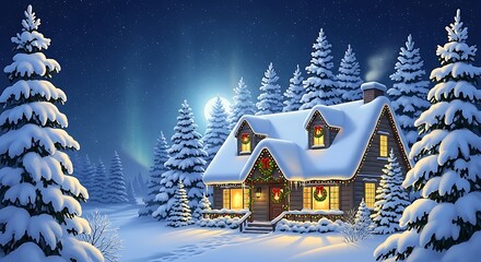 A Cozy Cabin Is Decorated With Christmas Lights And Wreaths Amidst A Snow Covered Forest Under A Starry Night Sky With A Bright Moon And Faint Aurora Borealis.
