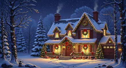 A House Decorated With Festive Christmas Lights And Wreaths, Nestled In A Snowy Winter Wonderland Under A Starry Night Sky. Presents Await On The Porch.