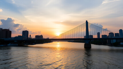 Fototapeta premium View of Bhumibol suspension bridge cross over Chao Phraya River in Bangkok city at beautiful sunset sky and clouds in Bangkok Thailand.