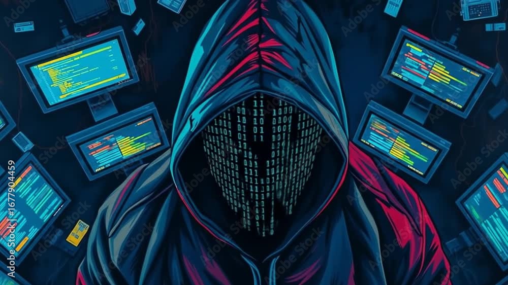 Aufkleber a mysterious figure in a hoodie with a digital coded face stands in front of a glowing data screen i