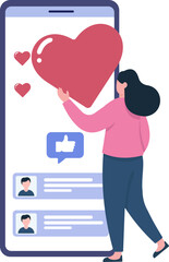 A woman interacts with a social media or dating app on a large smartphone, symbolizing online love, connection, and digital validation