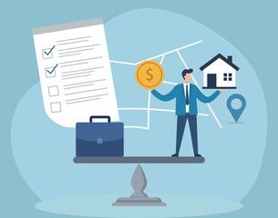 A man balances his career and finances to purchase a home, symbolizing property investment, financial planning, and making important life choices