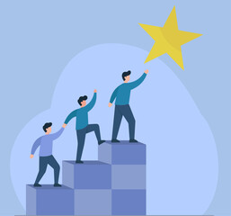 Fototapeta premium A team helps each other climb stairs toward a star, symbolizing collaboration, progress, support, and achieving goals together