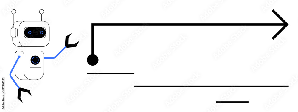 Aufkleber robot with mechanical arms gestures toward a timeline marked by an arrow and dots. ideal for technol