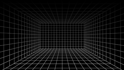 Naklejka premium Retro neon grid room with glowing orange and pink lines, 3D perspective wireframe tunnel, futuristic digital space background, perfect for sci-fi, gaming, and virtual reality designs