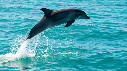 Obraz premium Playful Dolphin Jumping in Turquoise Ocean – 4K Marine Wildlife Background