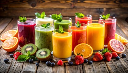 Colorful fruit smoothies on a wooden surface