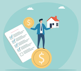 A businessman balances finances and a checklist, symbolizing the successful planning and investment required for purchasing a home