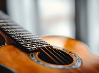 Fototapeta premium Close-up of an acoustic guitar, blurred background, shallow depth of field, macro photography, shallow focus, bokeh effect, white wall in the background, soft lighting, musical instrument store settin