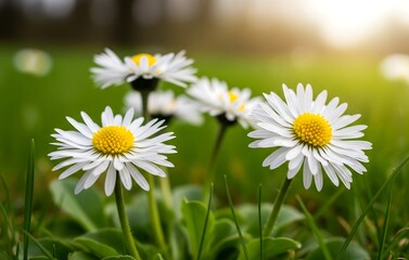 Close-up of a blooming daisy flower in a green meadow with morning sunlight.