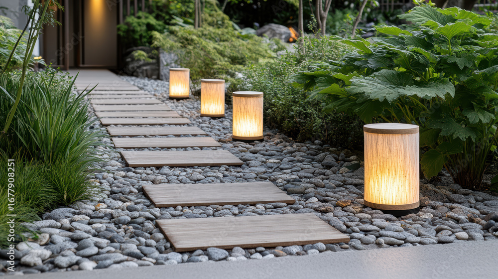 Poster softly glowing lanterns illuminate pebble path lined with wooden stepping stones, creating