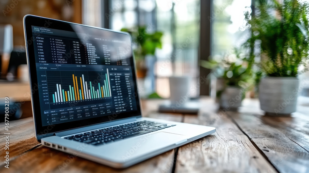 Poster laptop displaying performance dashboard with colorful growth charts sits wooden table