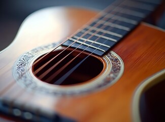 Obraz premium Close-up of an acoustic guitar, shallow depth of field, bokeh, macro photography, high resolution, sharp focus, stock photo, no blurred background. 