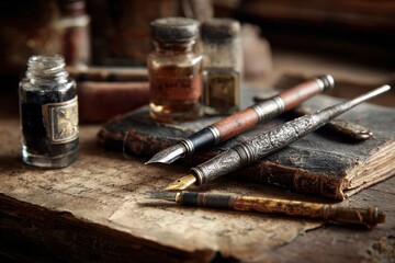 Antique pens and inkwells on old book, rustic workshop