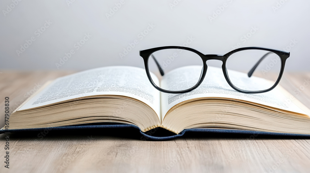 Poster open book with reading glasses resting on top, inviting exploration and knowledge