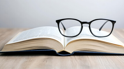 Open book with reading glasses resting on top, inviting exploration and knowledge