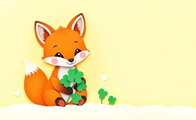 A sweet, stylized fox with fluffy ears sits on a soft yellow background, holding vibrant green shamrocks and radiating charm.