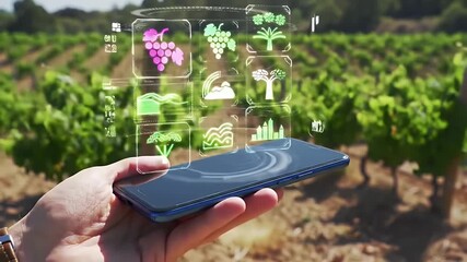 A person holds a smartphone displaying a holographic interface with agricultural data over a vineyard. - Powered by Adobe