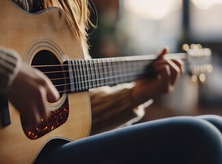Fototapeta premium Close-up of an acoustic guitar, shallow depth of field, bokeh, macro photography, high resolution, sharp focus, stock photo, no blurred background. 