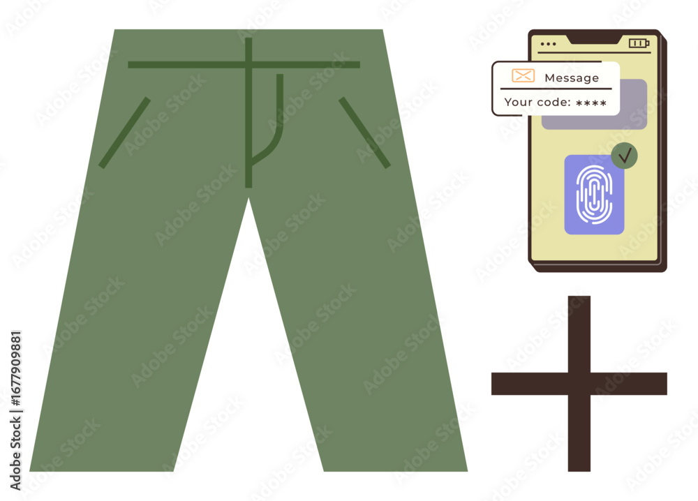 Poster green pants with a smartphone displaying a verification code and fingerprint, plus sign connecting t