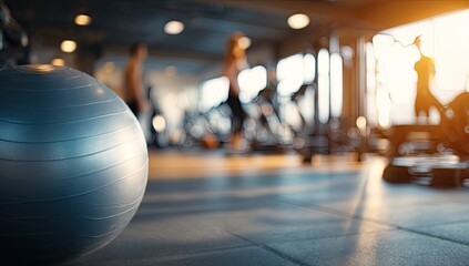 Gym Interior with Exercise Ball and Blurred Background.