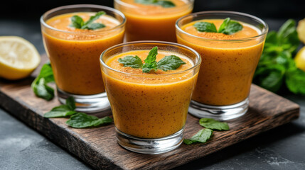 Refreshing turmeric ginger shots with fresh herbs and lemon slices