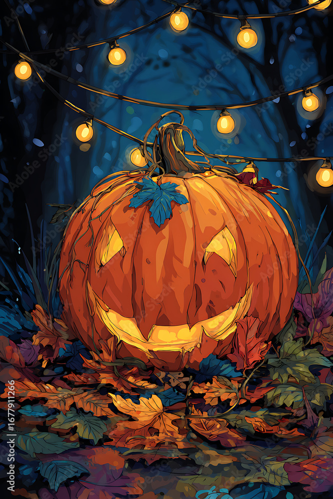 Poster glowing jack-o'-lantern surrounded by colorful leaves under string lights in a forest