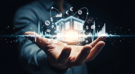 Holographic house model in hand, financial data overlay