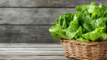 Fototapeta premium Fresh lettuce leaves arranged wicker basket rustic wooden table evoke sense of freshness