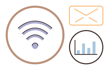 wireless signal waves, outlined email envelope, and bar chart indicating technology, digital communication, and analytics. Ideal for technology, communication, data, internet analytics business