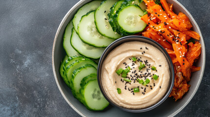 Creamy hummus with cucumber slices, spicy kimchi, and carrot strips creates vibrant snack plate