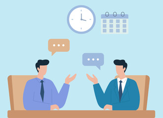 Two businessmen discussing work at a meeting. This flat vector illustration represents concepts of interviews, scheduling, communication, and time management