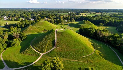 Aerial view of a landscape with grassy mounds