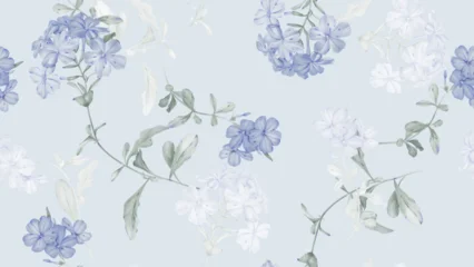 Gordijnen Bladeren Floral seamless pattern features clusters of watercolor illustrations of Cape leadwort flowers and soft, grayish-green leaves on a light blue background  © momosama