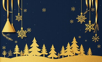 Fototapeta premium Festive blue and gold winter background featuring shimmering snowflakes, hanging decorations, and a beautiful forest of golden pine trees.