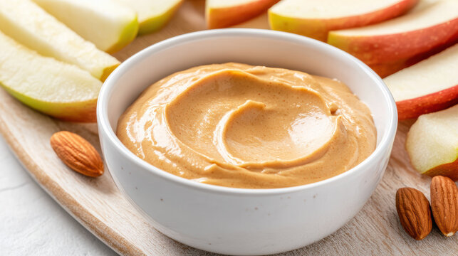 Creamy peanut butter dip served with fresh apple slices and almonds creates delightful snack
