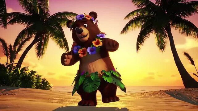 Cartoon bear dressed in Hawaiian attire dancing on tropical beach at sunset with palm trees and colorful sky