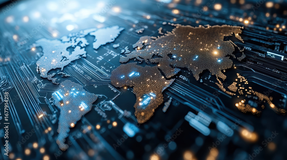 Poster digital world map with circuit patterns and glowing lights, representing global connectivity