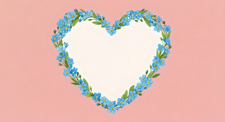 Watercolor forget-me-not heart frame on pink textured background, perfect for love and greeting cards