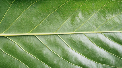 Close up view of green leaf showcasing intricate veins and textures, illuminated beautifully