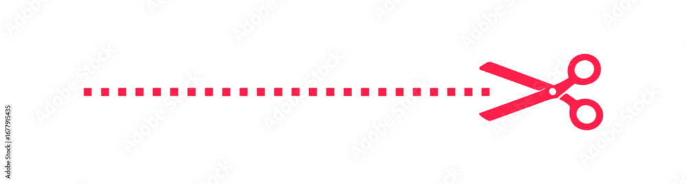 Poster red cut line with scissors, isolated element