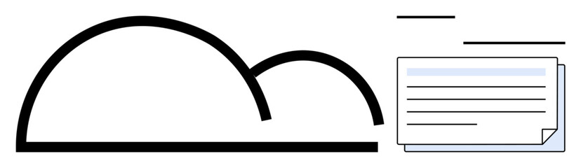 Minimalist cloud outline next to layered documents indicating digital storage and file management. Ideal for cloud service, data storage, digital organization, technology, file sharing, document