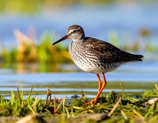 A wading bird by a shallow body of water