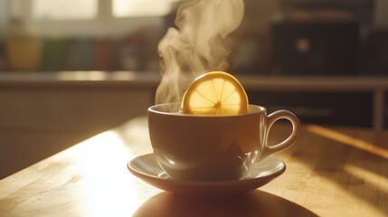 Hot Lemon Tea Cup on Table: Steam, Warm Drink, Healthy Beverage, Morning Light
