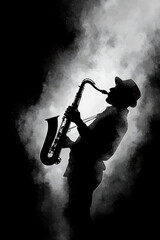 Obraz premium Silhouette of a saxophonist playing passionately against a smoky backdrop, evoking emotion