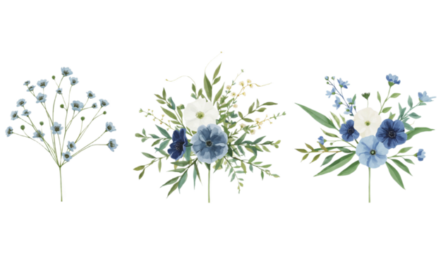 Watercolor Floral Arrangements Elegant Designs of Blue and White Flowers for Various Uses